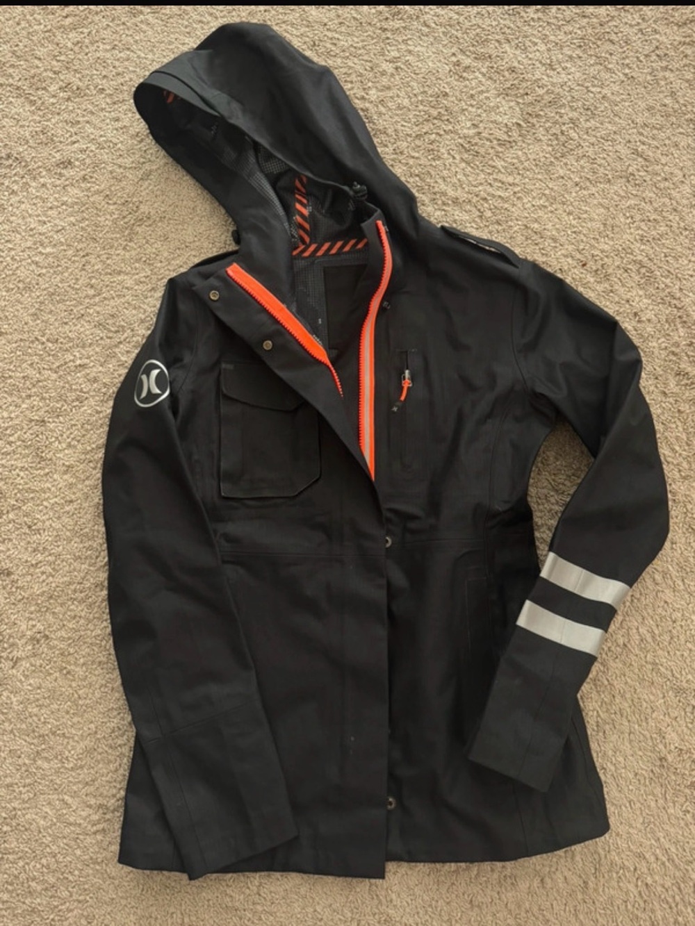 Hurley Phantom Project Black Hooded Rain Jacket with Reflective Stripes